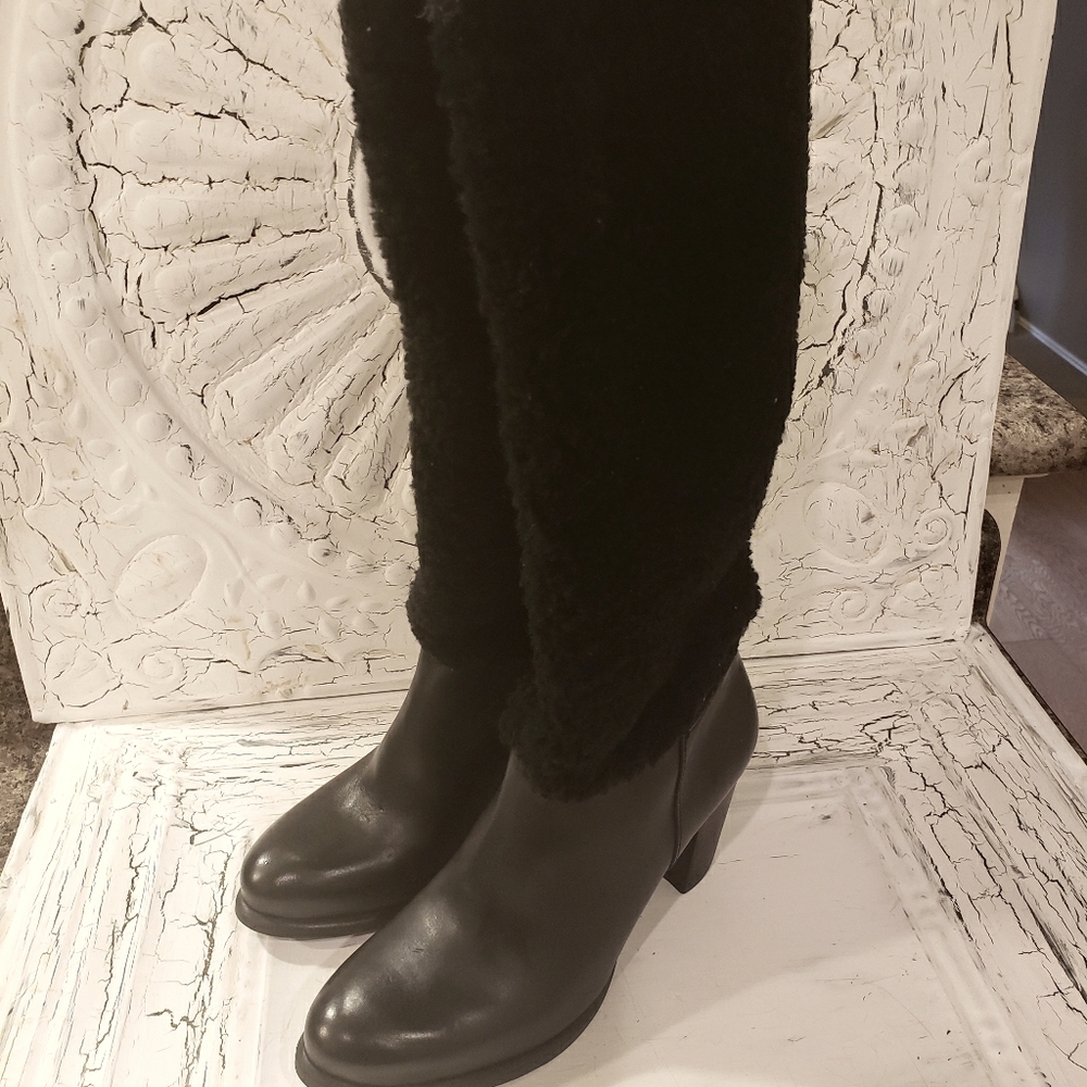 Ugg Ava exposed shearling Leather Knee High Boots Designer Sherpa Fur - Picture 4 of 9